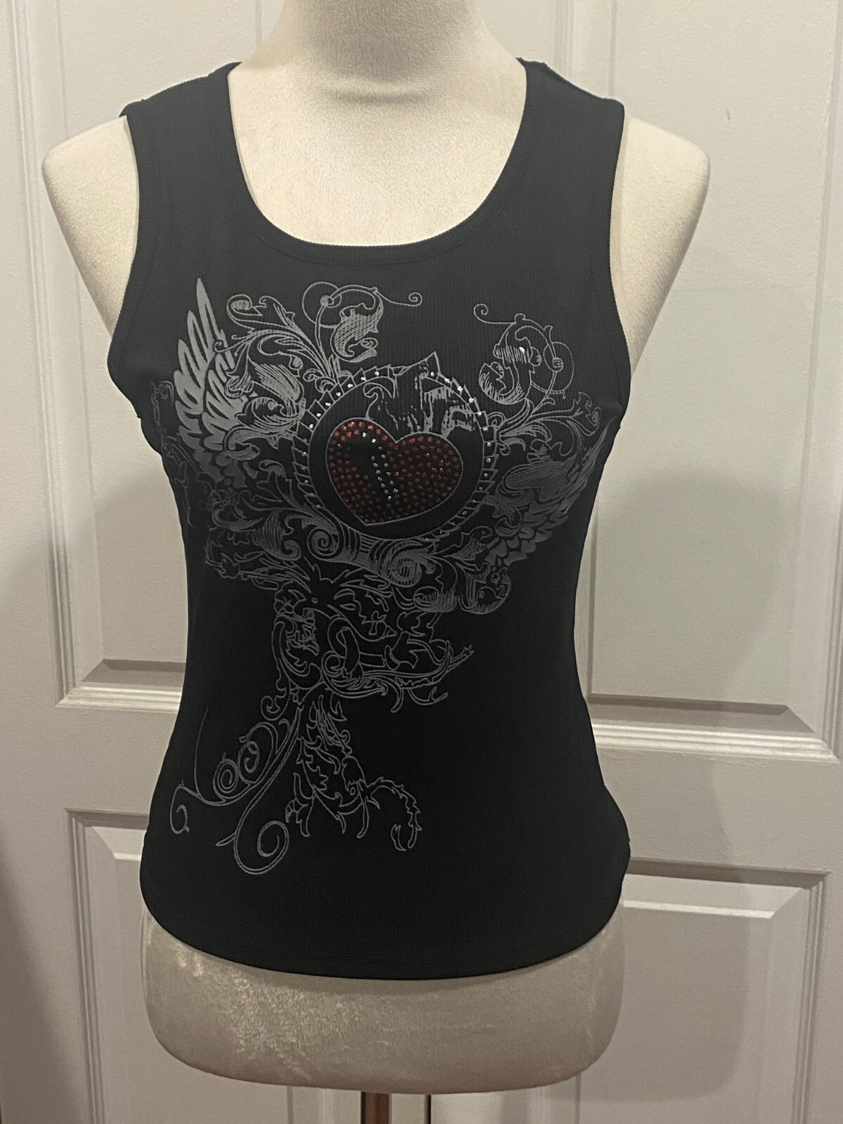 Women Tank Top Shirt Black Glitter Wing Graphic Y2k Sz L Black w/Heart