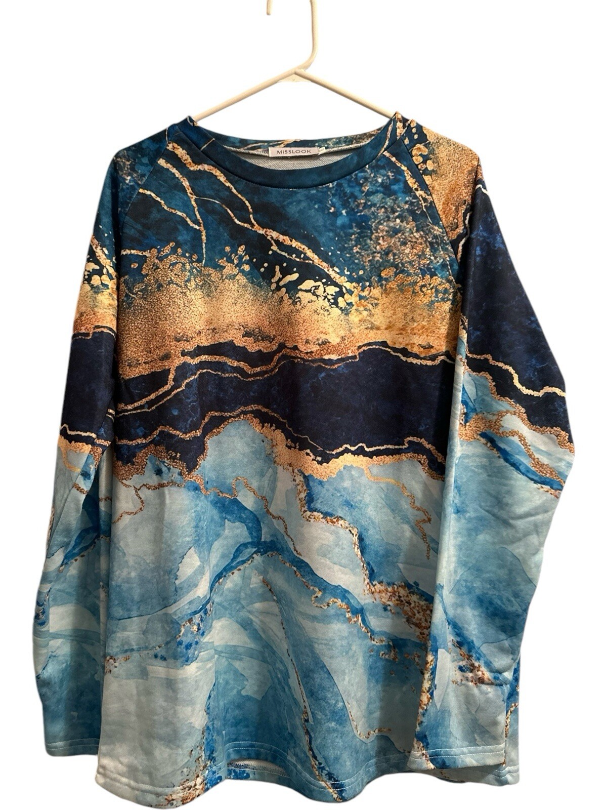 Misslook Teal Marbled Shirt Gold Beach Wave Vibe Long Sleeve Womens XL Hippie