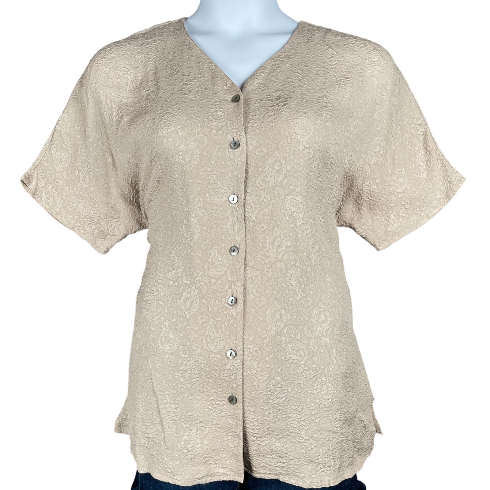 Valerie Stevens Pure Silk Top Womens Size 12 Full Button Floral Embossed Flowy