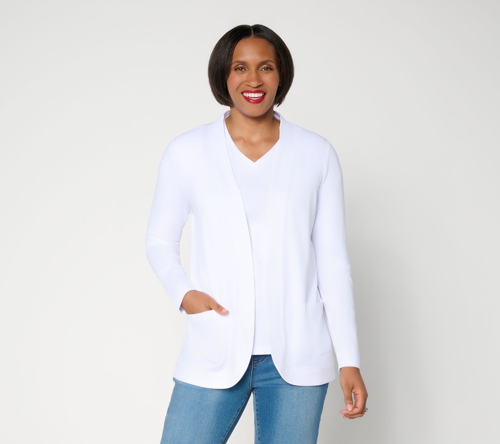 Denim & Co. Essentials So Soft Jersey Open Front Cardigan White XL New