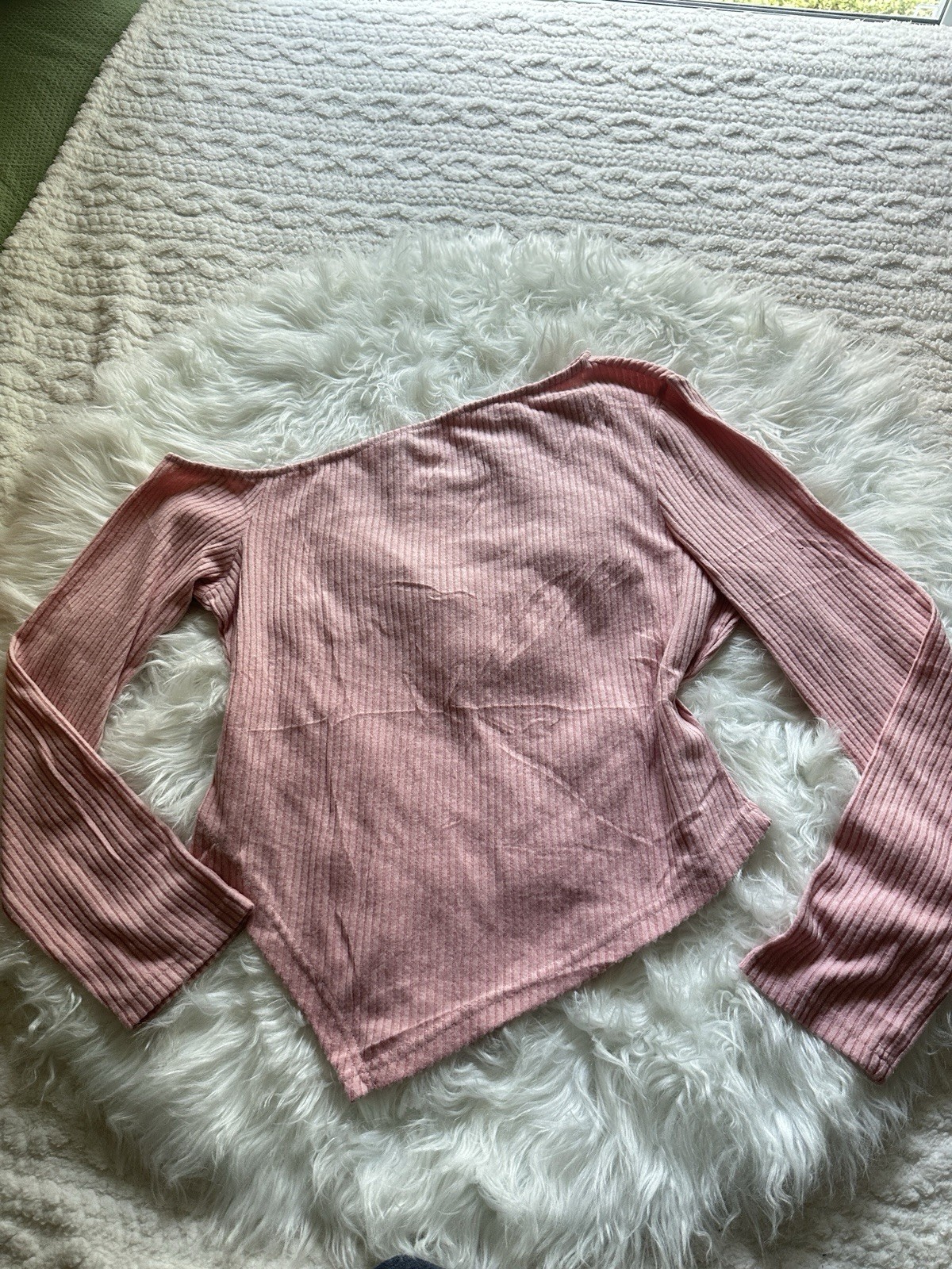 Pretty Garden Pink ribbed off the shoulder asymmetrical long sleeve top