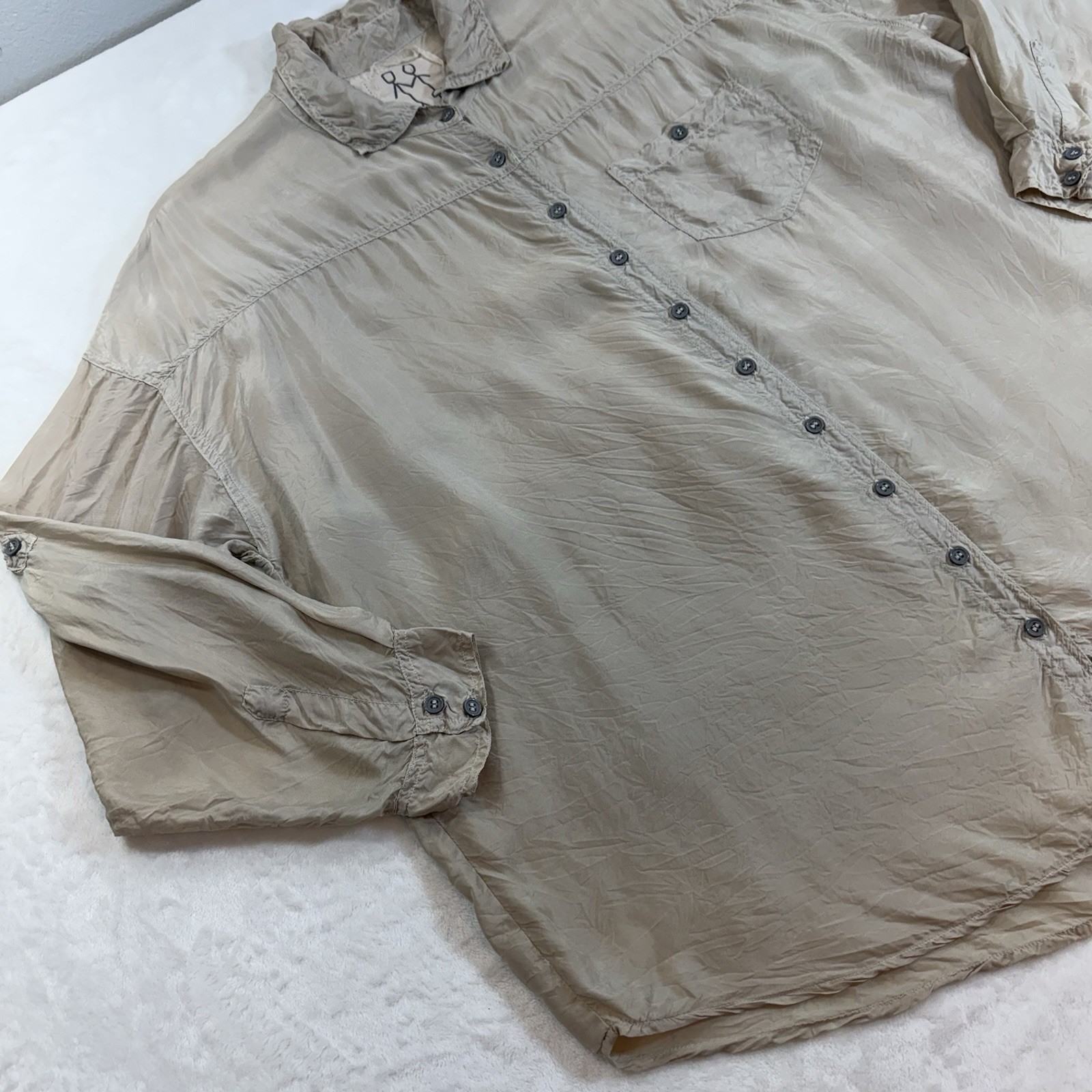 Pete & Greta Cupra Button Down Blouse Sz LG Long Roll Tab Sleeve Johnny Was Boho