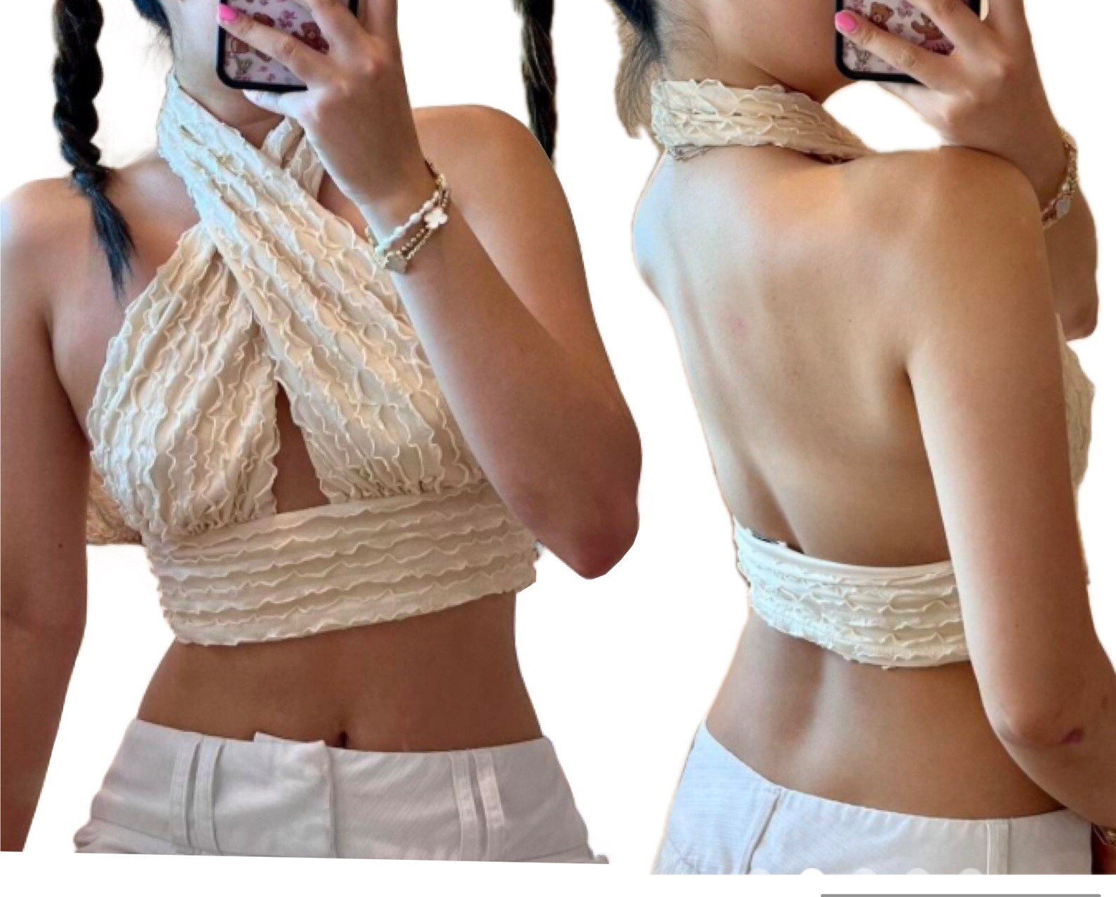 Princess Polly Twist Halter Cream Tan Ruffled Crop Top Size 2