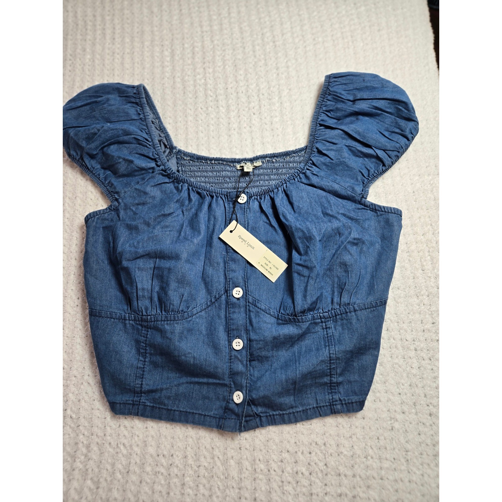 Denim Chambray Puff Sleeve Button Front Crop Top Blue XL NWT Milkmaid Peasant