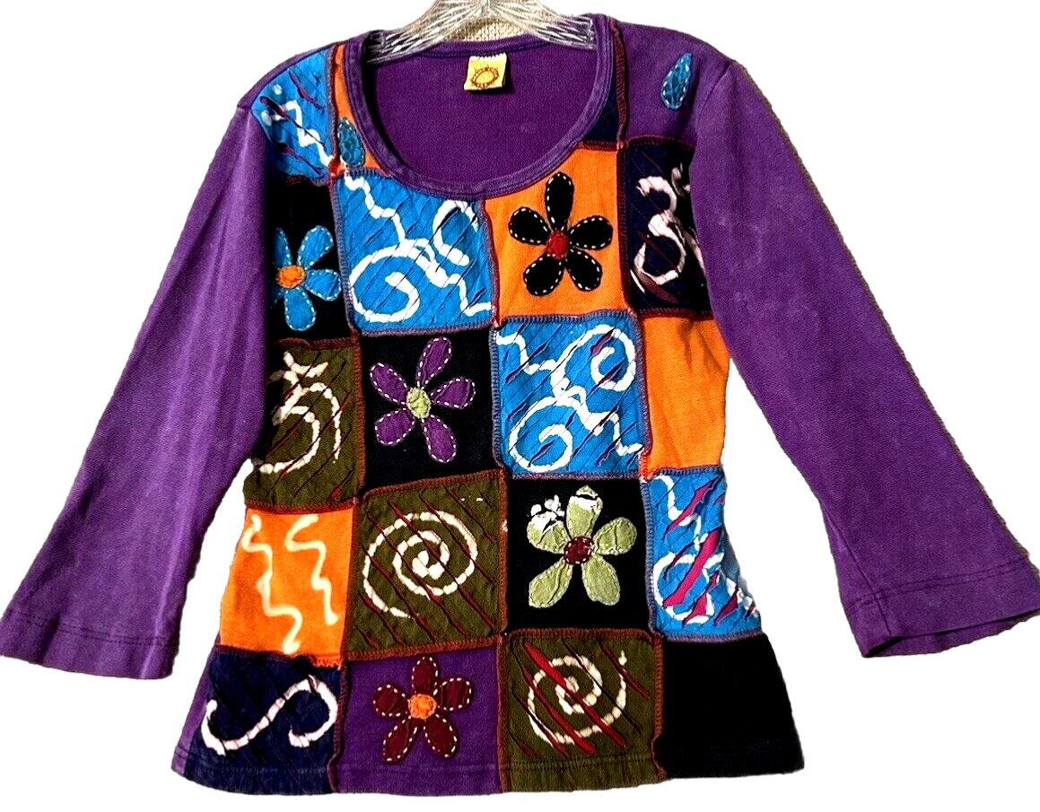 Karma Circle Cotton Patchwork Top M Purple Boho Hippie India Dyed Tee Shirt