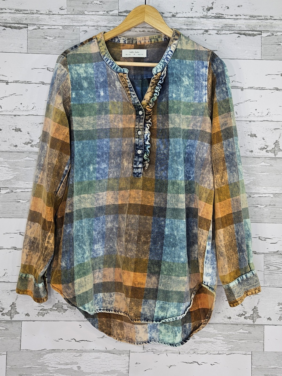 Isabella Sinclair Plaid Tunic Shirt Medium Ruffle V Neck Long Sleeves