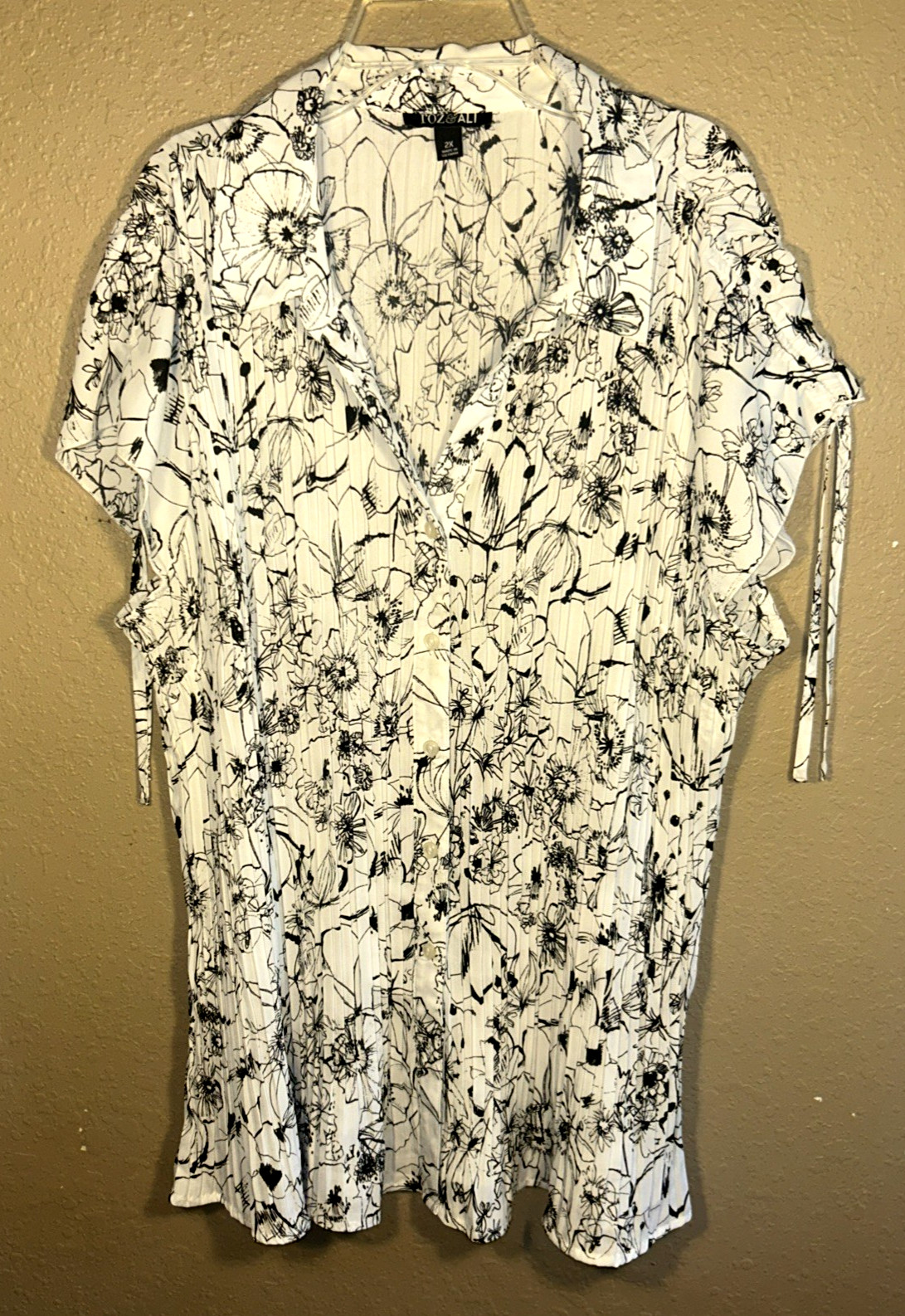 Roz & Ali Blouse Sz 2X Tunic Black & White Top Short Sleeve with Ties Stretch 16