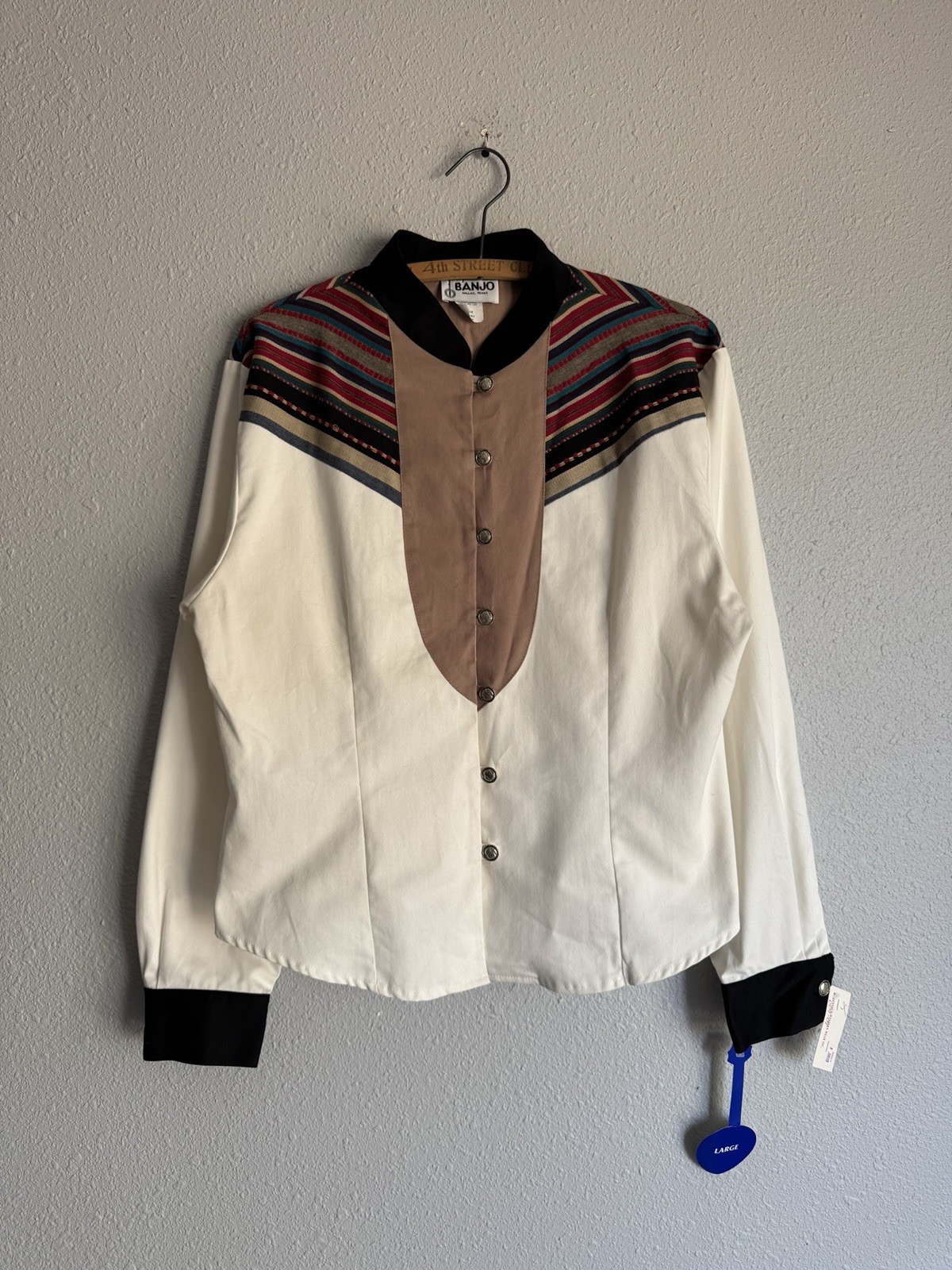 Vintage 90s BANJO Dallas Texas Western Shirt (L) Made In USA Aztec Cowboy Womens