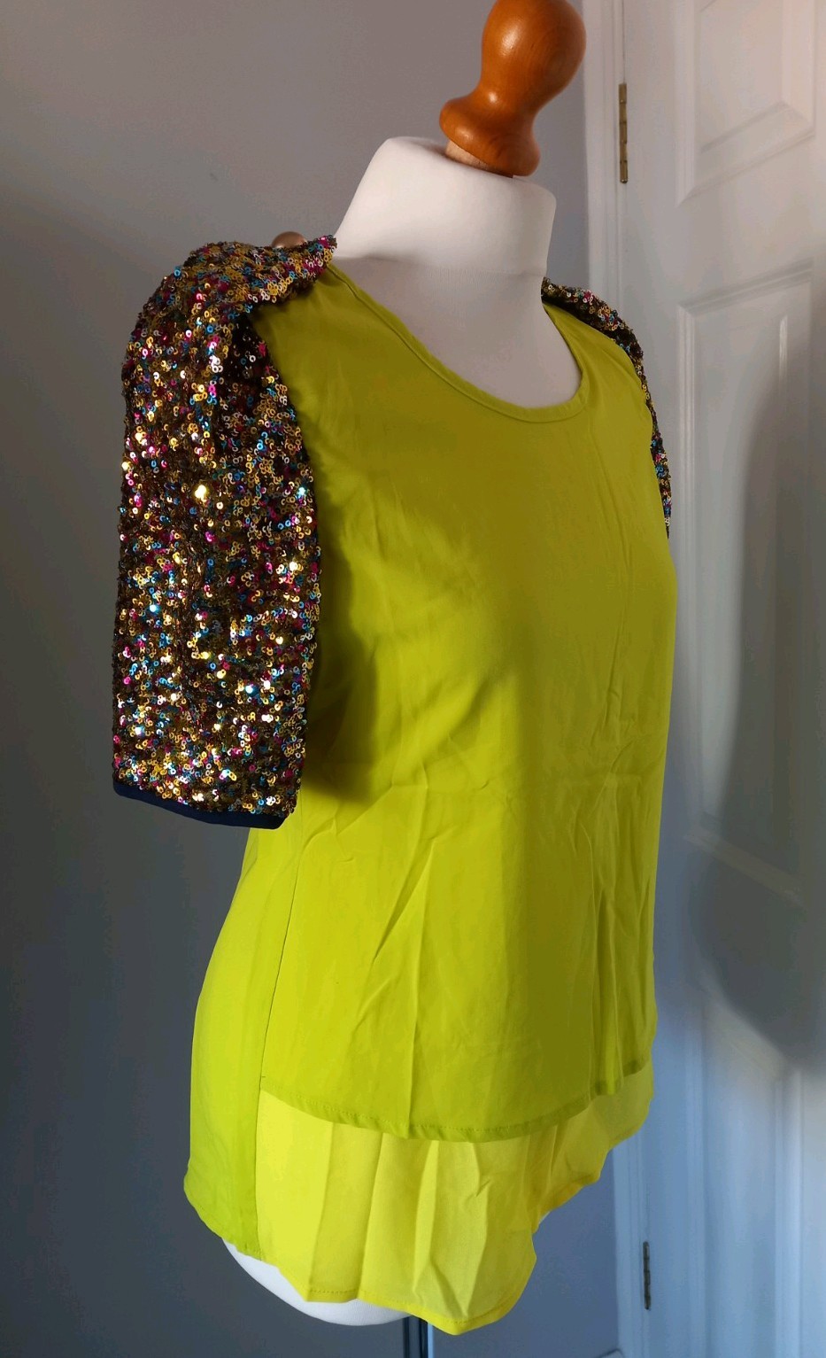 Bright Acid Yellow Green Top Multi Colour Sequin Sleeves Trim Uk 8 10 Festival