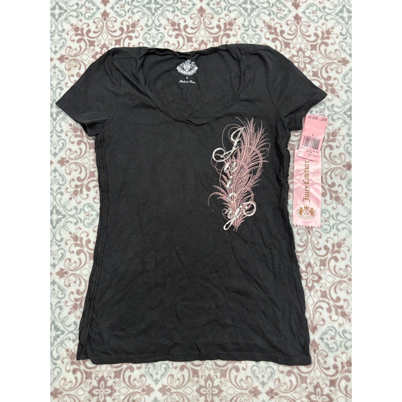 Juicy Couture Womens Black Scoop Neck Pink Feather Graphic Tee JGMU918 Small NWT