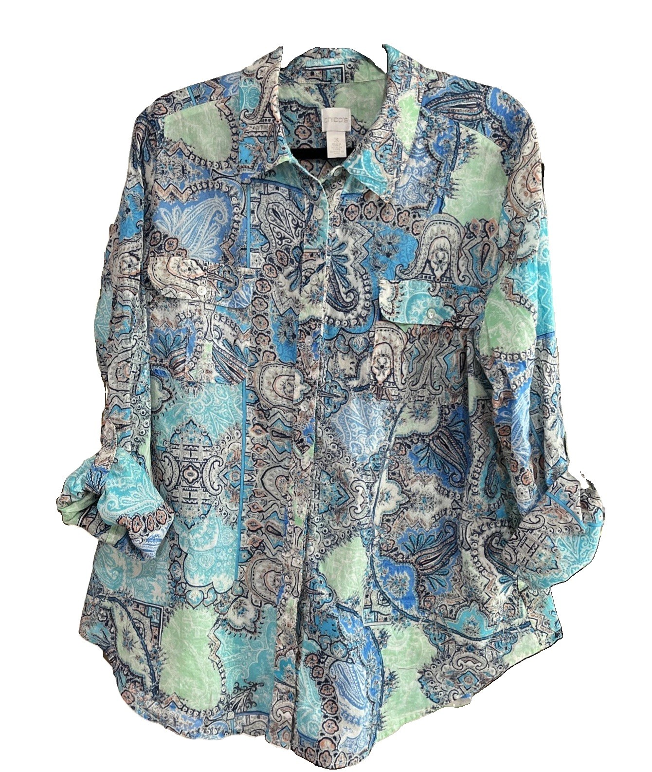 Chico’s Lightweight Teal Paisley Button Down Casual Shirt Size 3