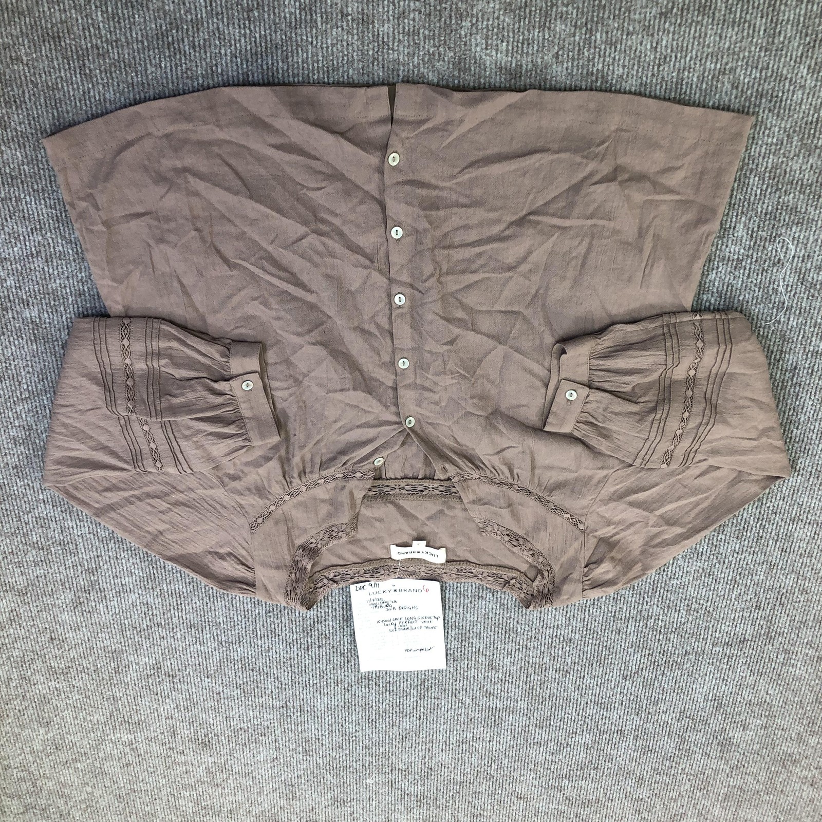 Lucky Brand Blouse Womens S Brown Henley 3/4 Puff Sleeve Lace Sample Top