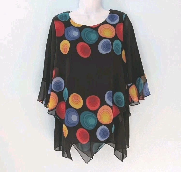 Talk Of The Walk Sheer Lined Top Medium Black & Colorful Flowly 3/4 Sleeve