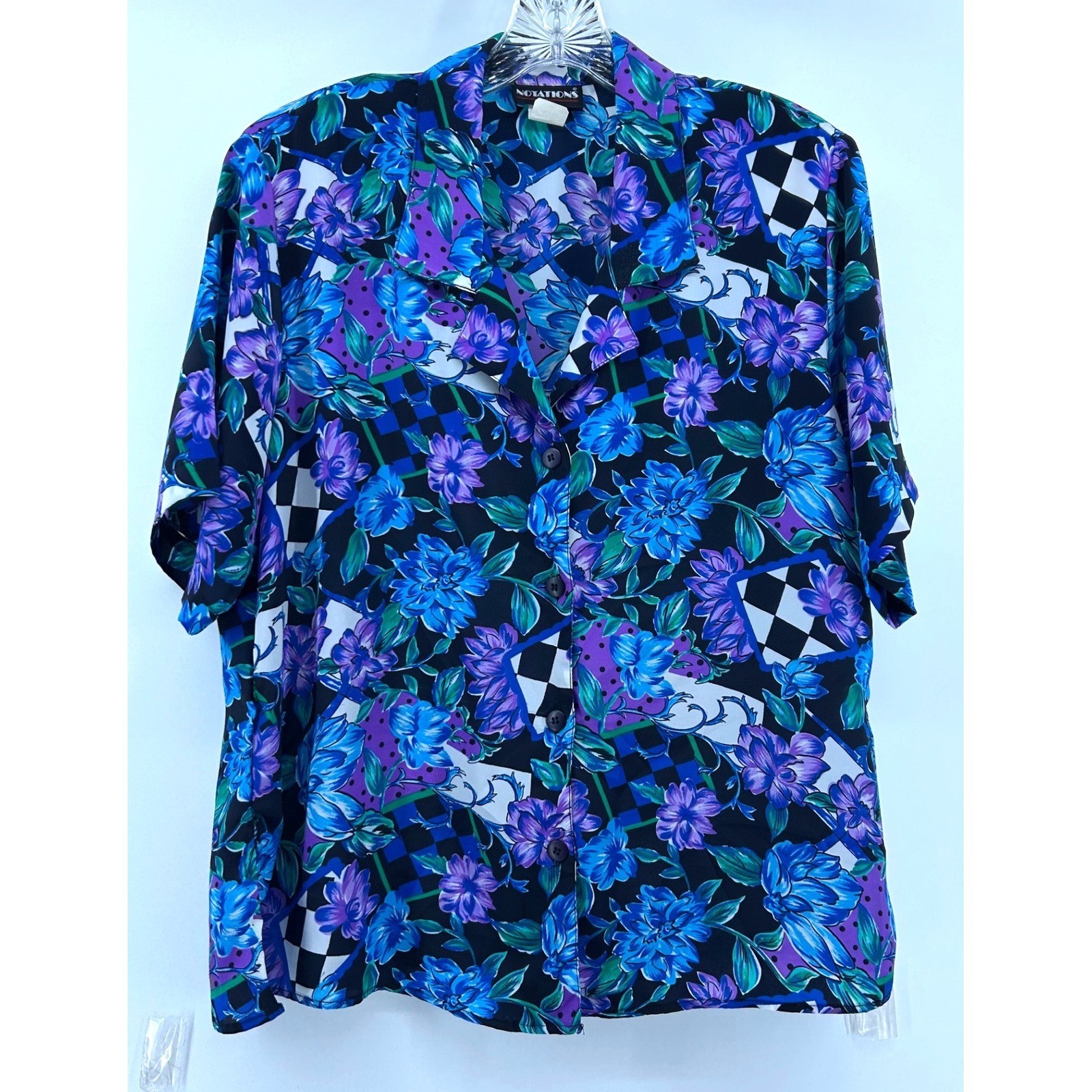 Vintage Notations Womens Floral Checkered Polka Dot Button Up Shirt XL 90s