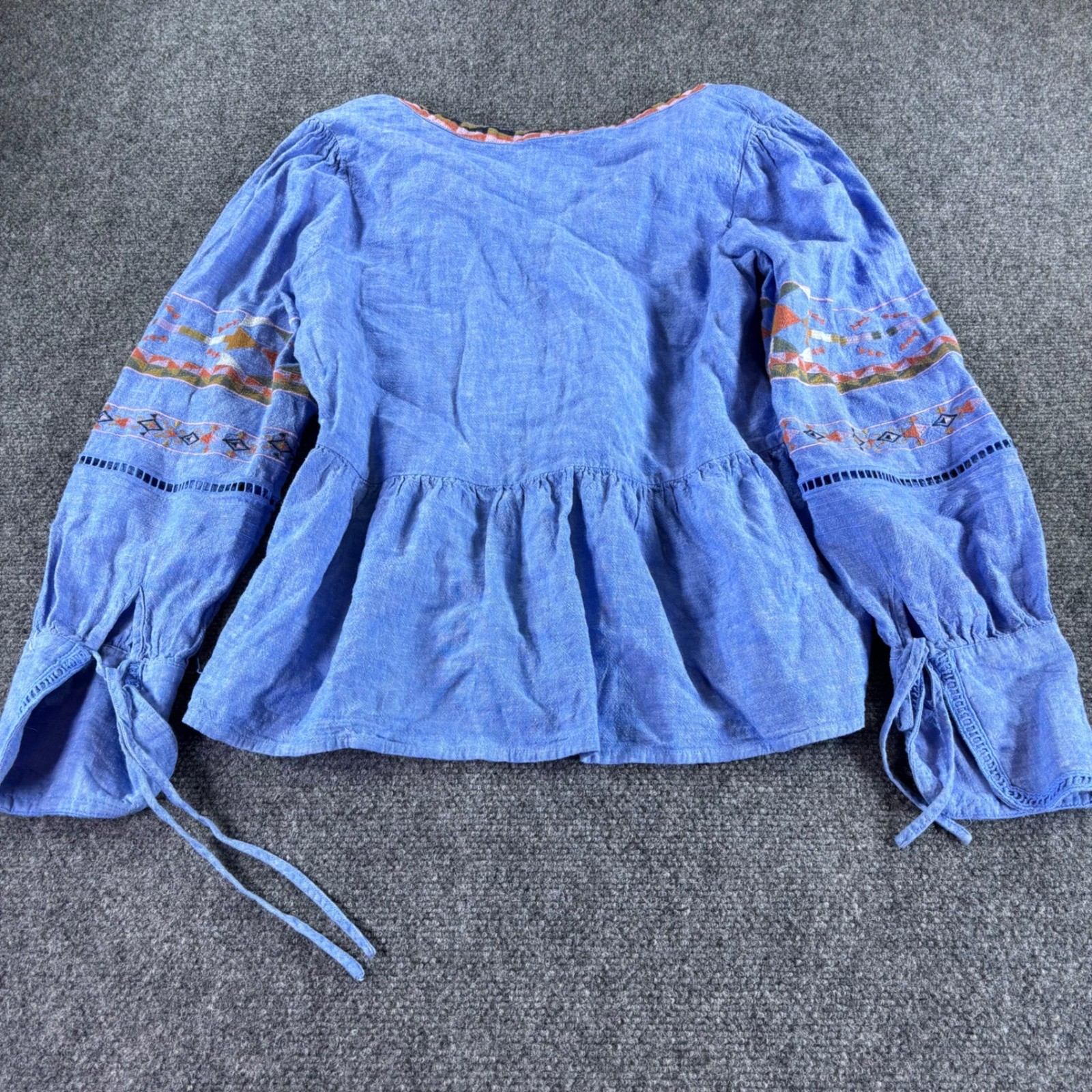 A Loves A Peplum Blouse Womens Medium Blue Embroidered Linen Blend Boho Top