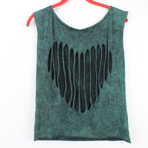 Hybrid Apparel Tank Top Blouse Shredded Heart Size L Large Cotton Green