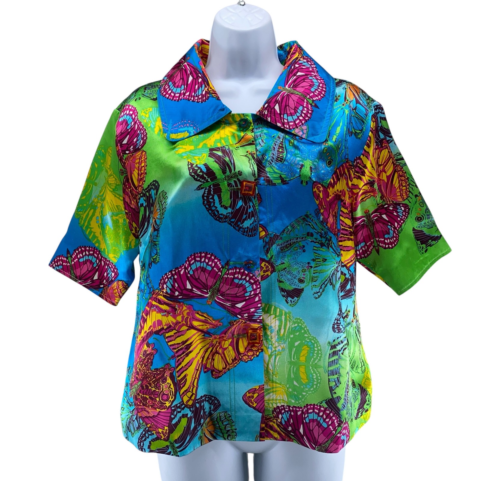 Grace Chuang Butterfly Blouse Large Green Purple Blue 100% Silk Fancy Buttons