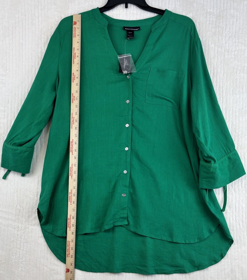 ASHLEY STEWART Button Down Top Longsleeve Green Size 16 NWT Linen/ Rayon