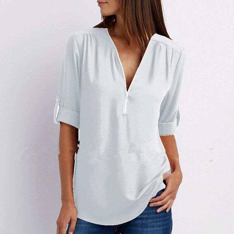 Women’s V-Neck Zipper Shirt Long Sleeve Loose Chiffon Basic Solid Tops Blouse