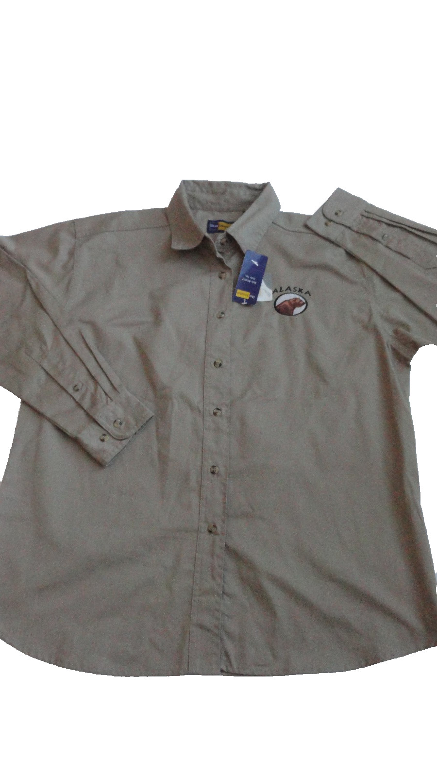Alaska Blue Generation Twill Teflon Tan Shirt Wm Sz L Bear Patch Poly/Cotton