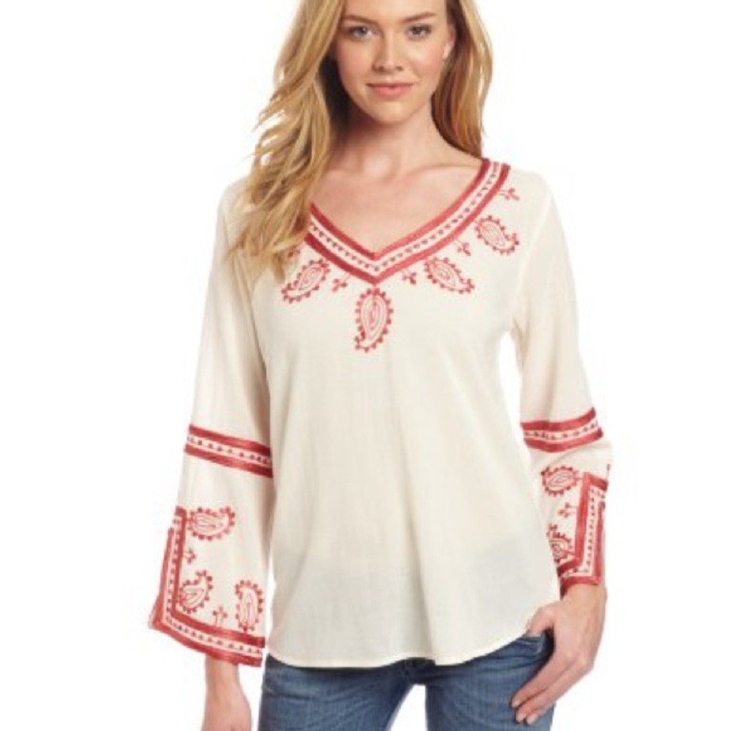 Lucky Brand Cream and Red Embroidered V Neck Blouse Flowy Bohemian Indie Peasant