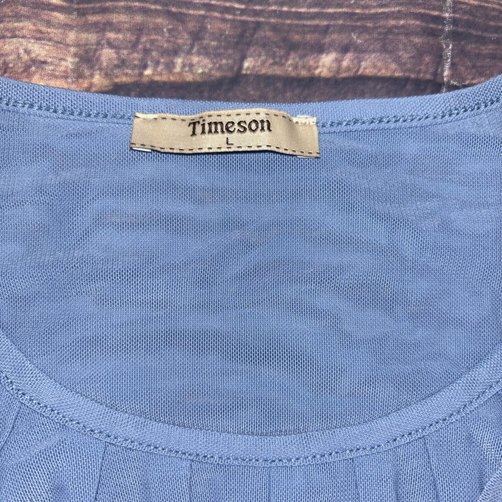Timeson Blouse Blue Sheer Long Sleeve Large Pleated Banded Bottom Business