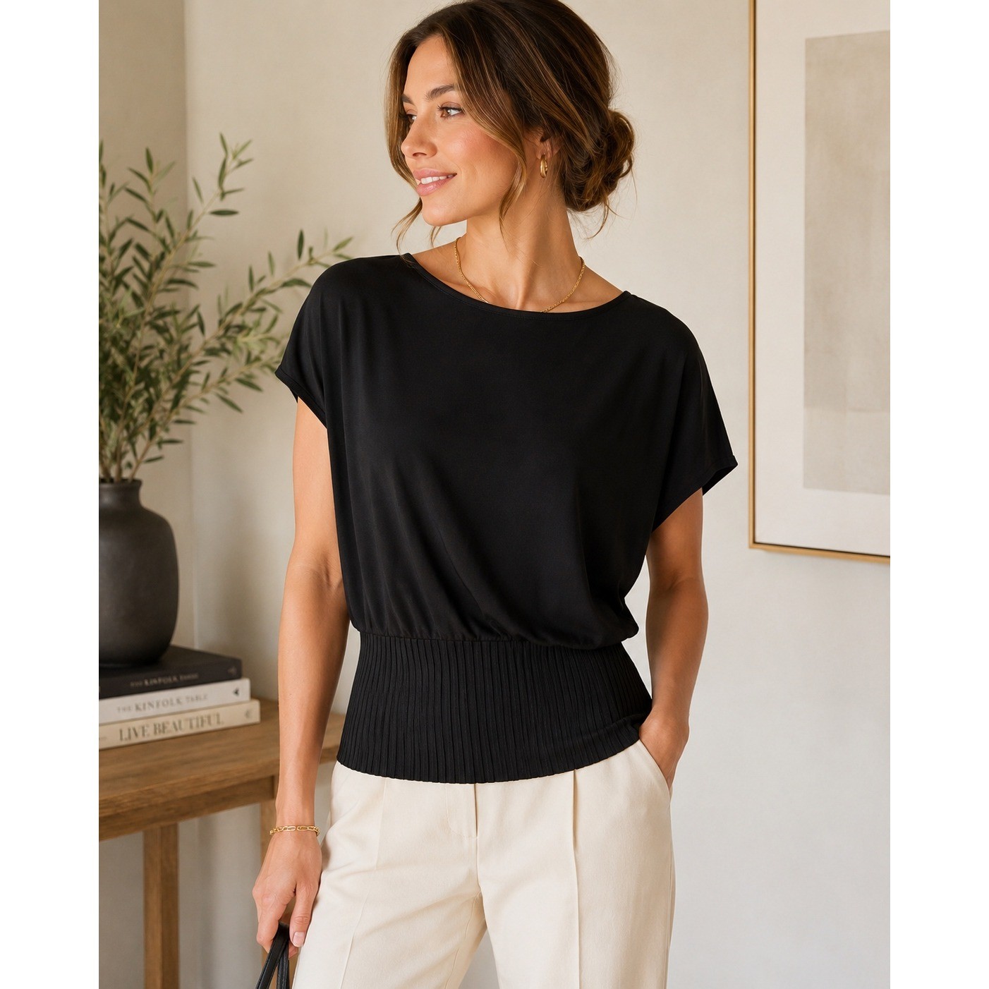 Pink Tartan Womens Black Pleated Banded Hem Dolman Sleeve Blouse Top Small
