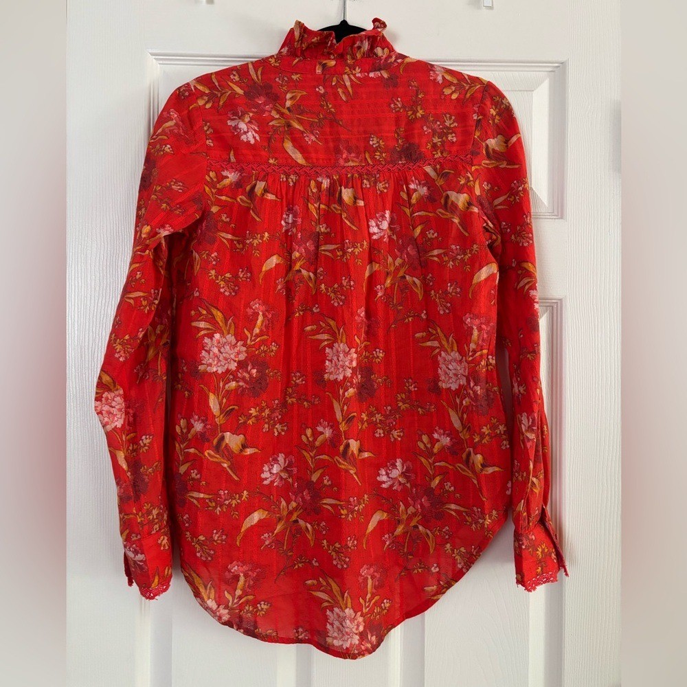 Sundance | High Neck Ruffle Vibrant Floral Contrast Trim Top Long Sleeve Sz XS