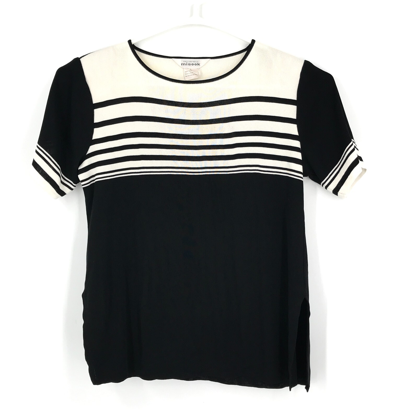 Misook Womens Shirt Large Black White Short Sleeve Top Shoulder Pads Korea