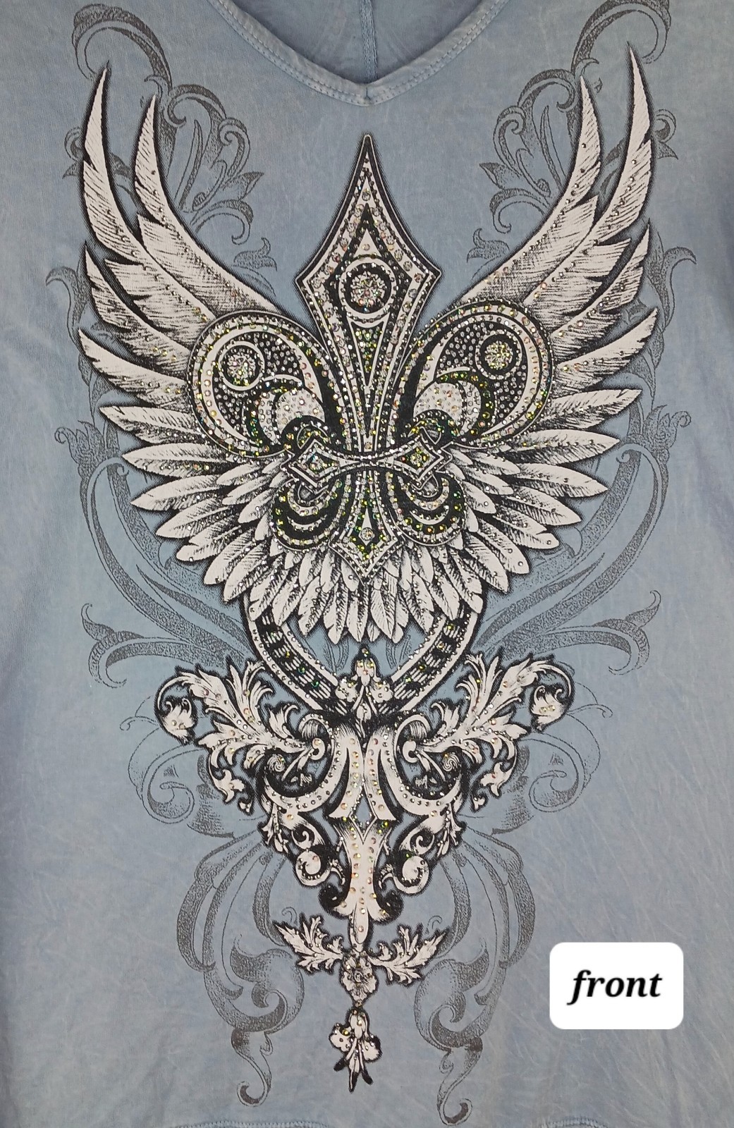 Vocal womens Y2K Wings Fleur De Lis tunic top beaded sparkly 2XL baby blue USA