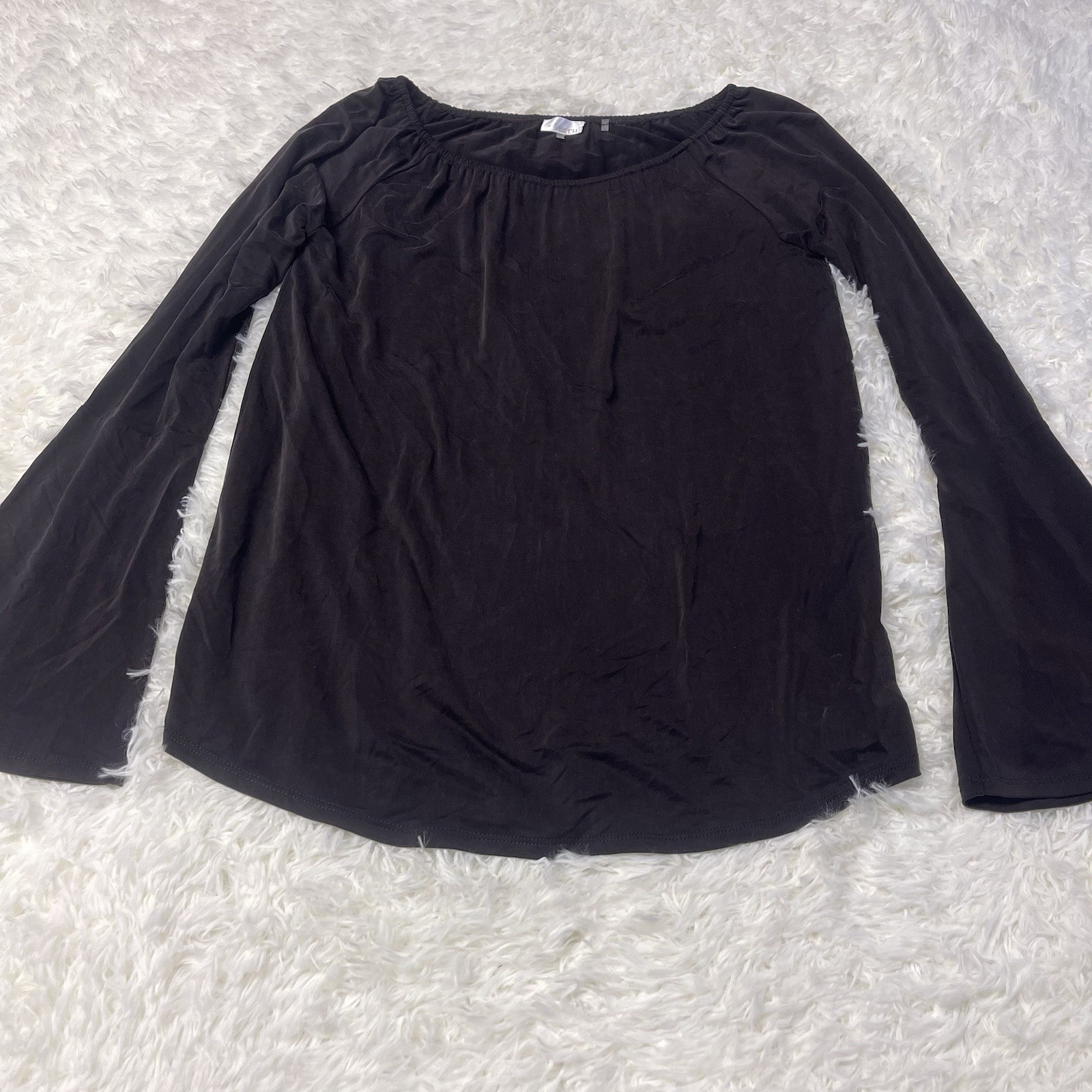 Ecru Black Bell Sleeve Top Blouse Shirt Size S Cupro Vegan Faux Silk