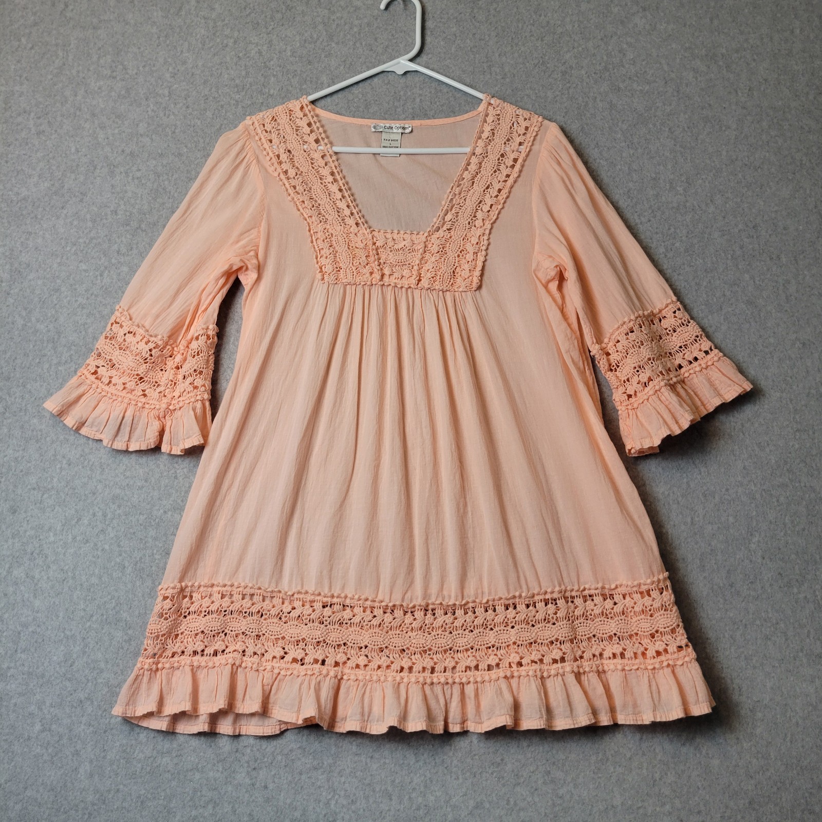 Cute Options 100% Cotton Peachy Pink 3/4 Sleeve Coquette Crochet Boho Top Large