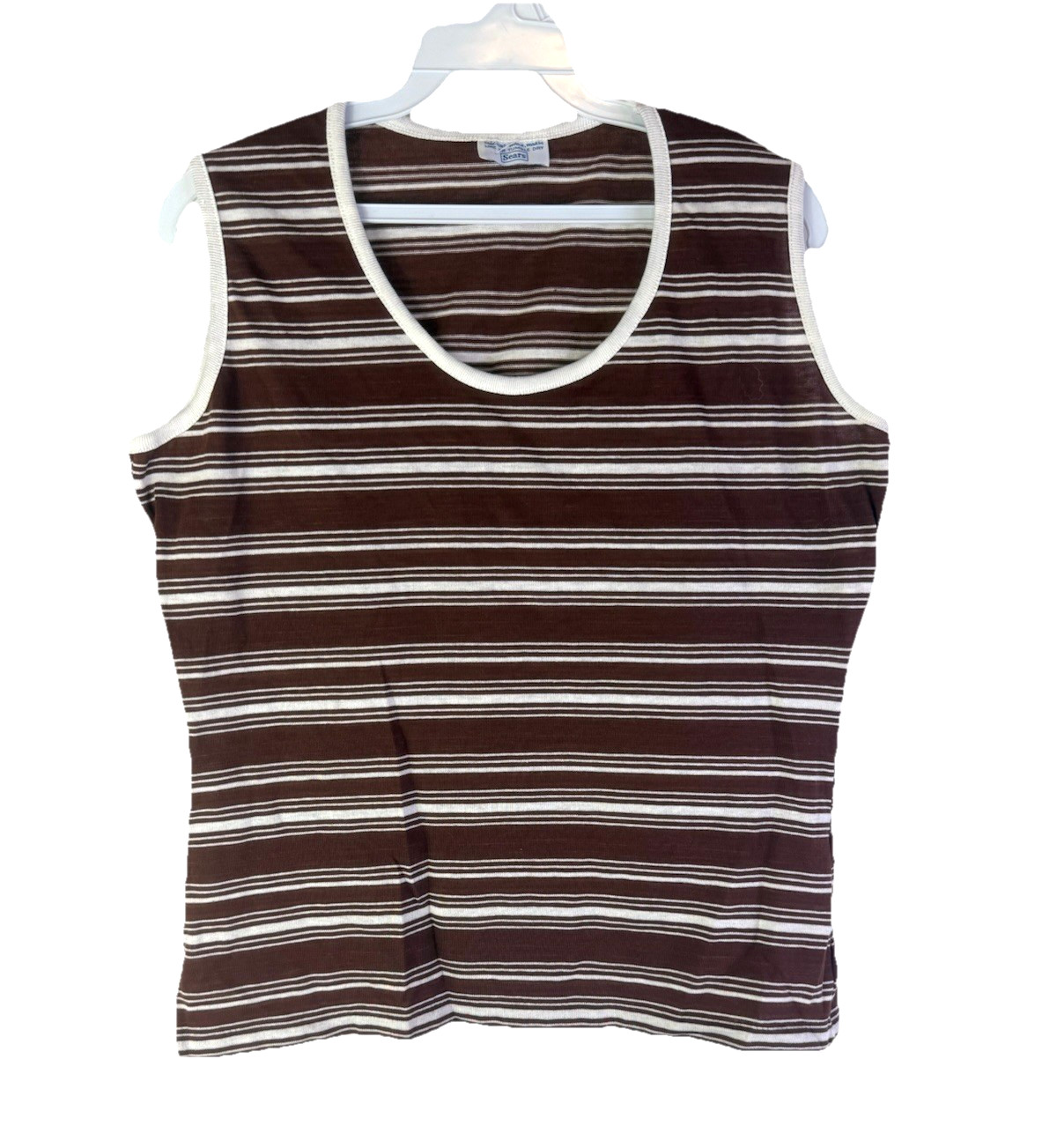 Vintage 70s Mod Rockabilly Womens Large Brown Striped Sleeveless Shirt Tank Top