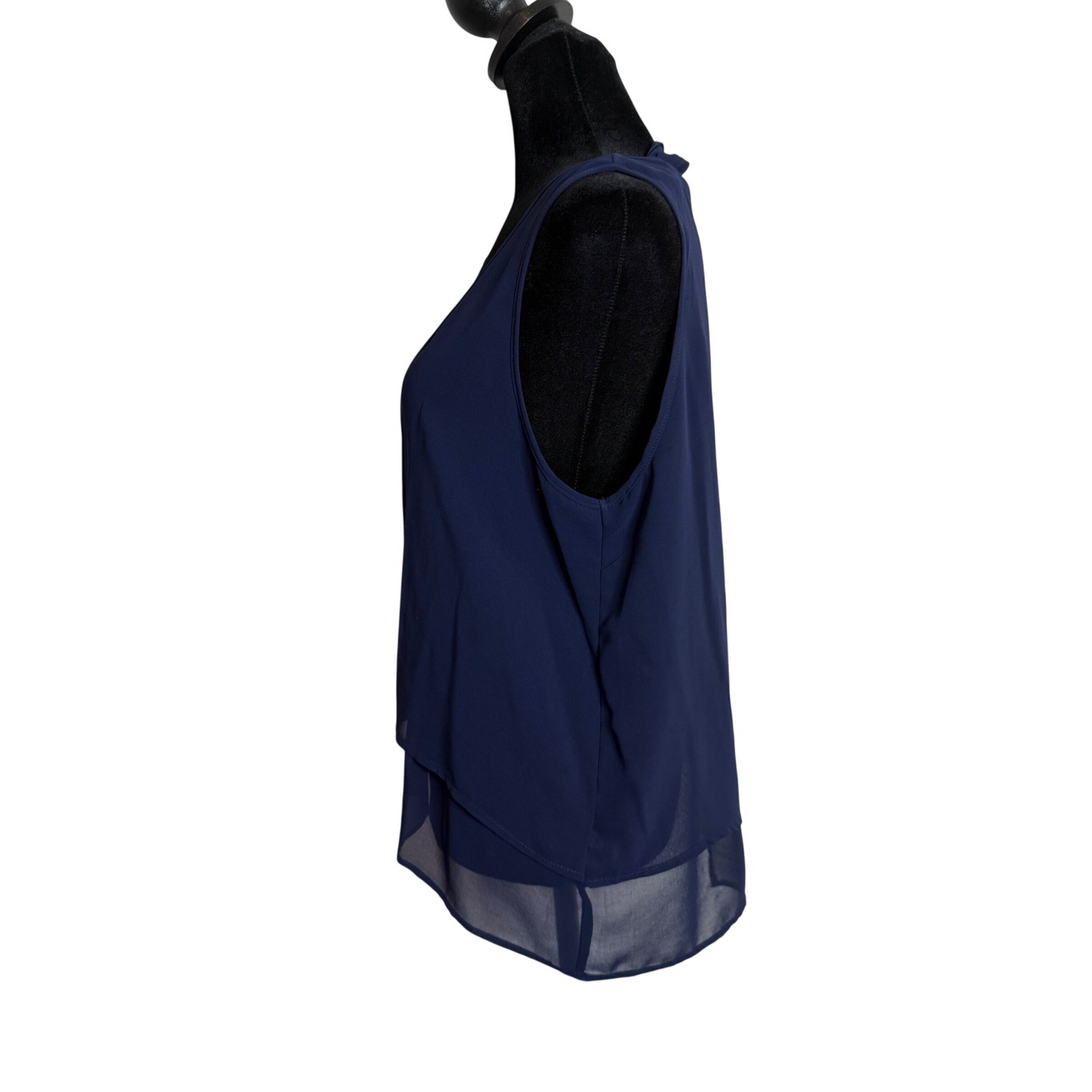 Navy Blue Layered Tank Top Womens M Split Back Chiffon Office Minimalist Shell