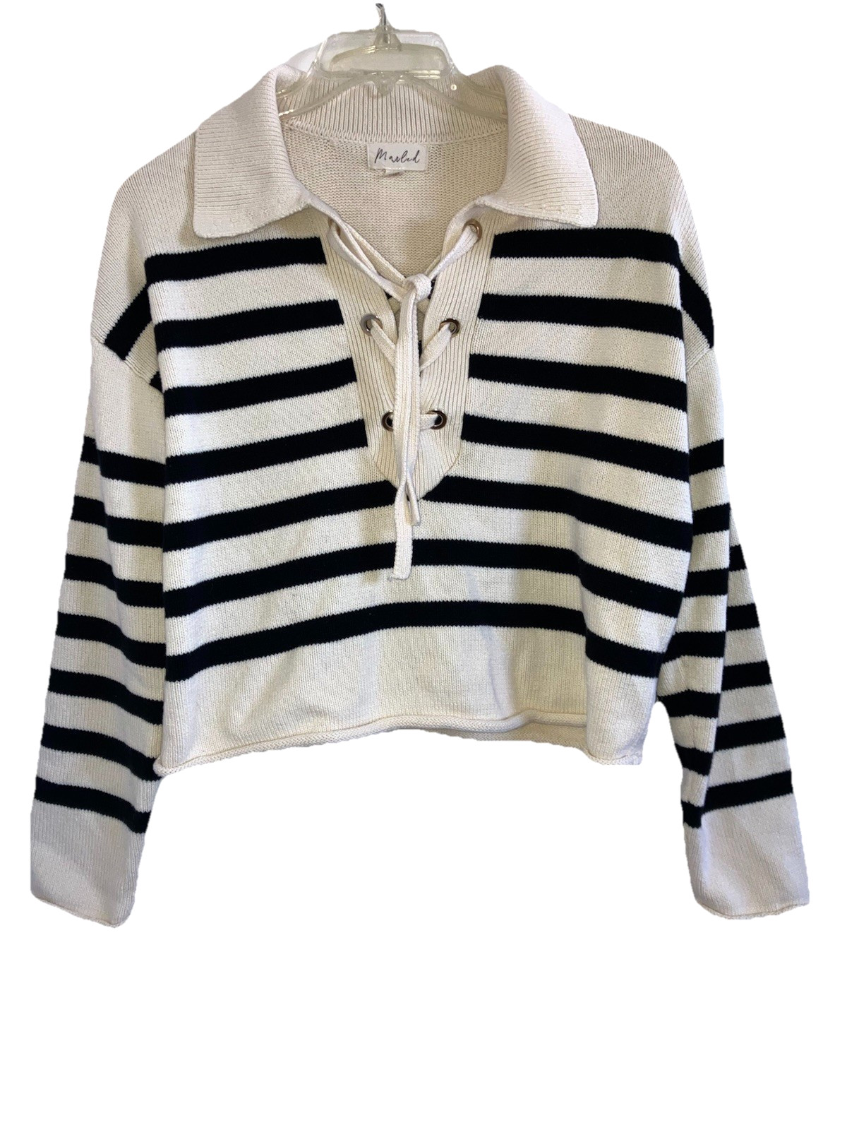 MARLED L Cotton Knit Cropped Laced Front Long Sleeve Top Striped Boxy Relaxed