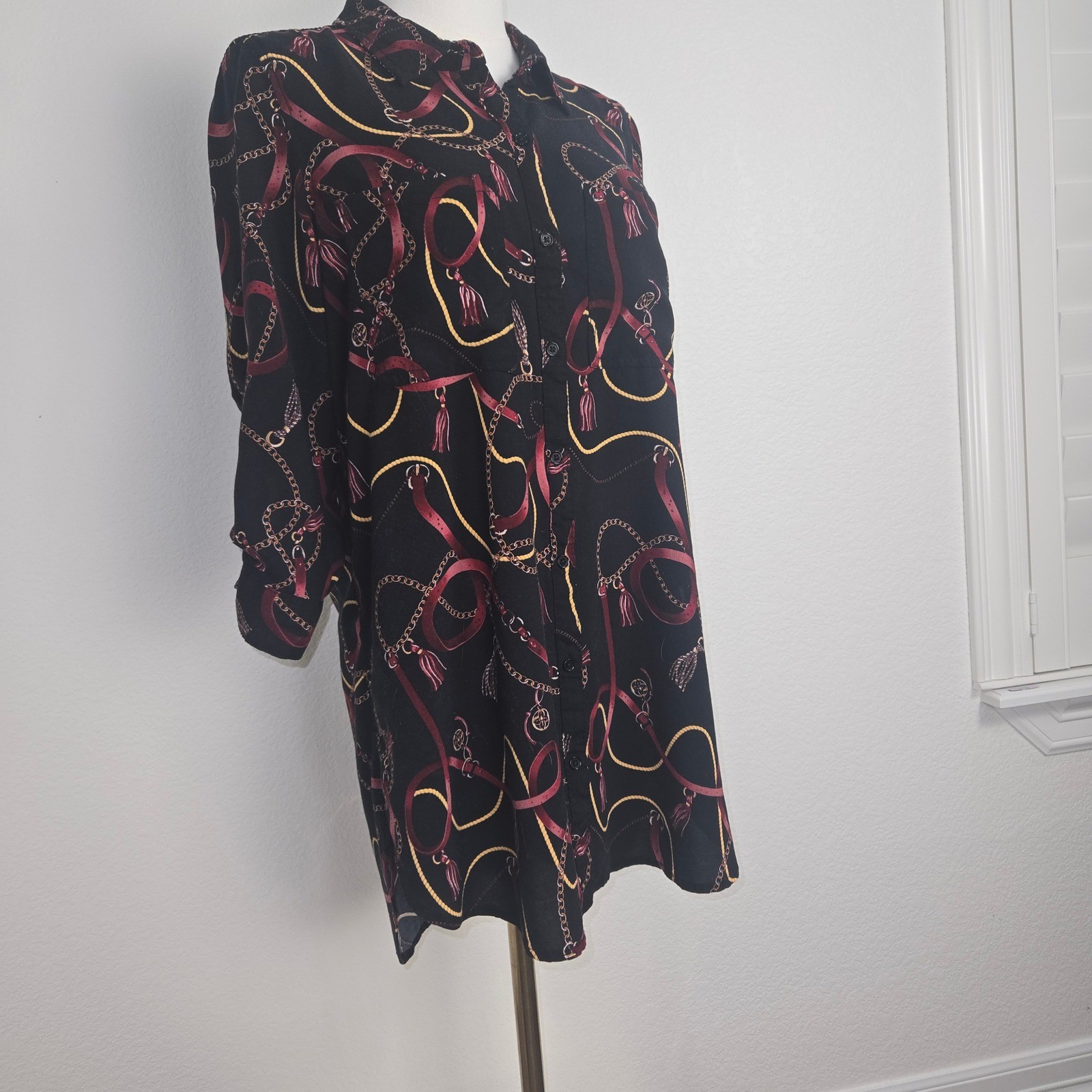 Equestrian Chain Print Tunic Dress M Black Gold Button Front Mob Wife
