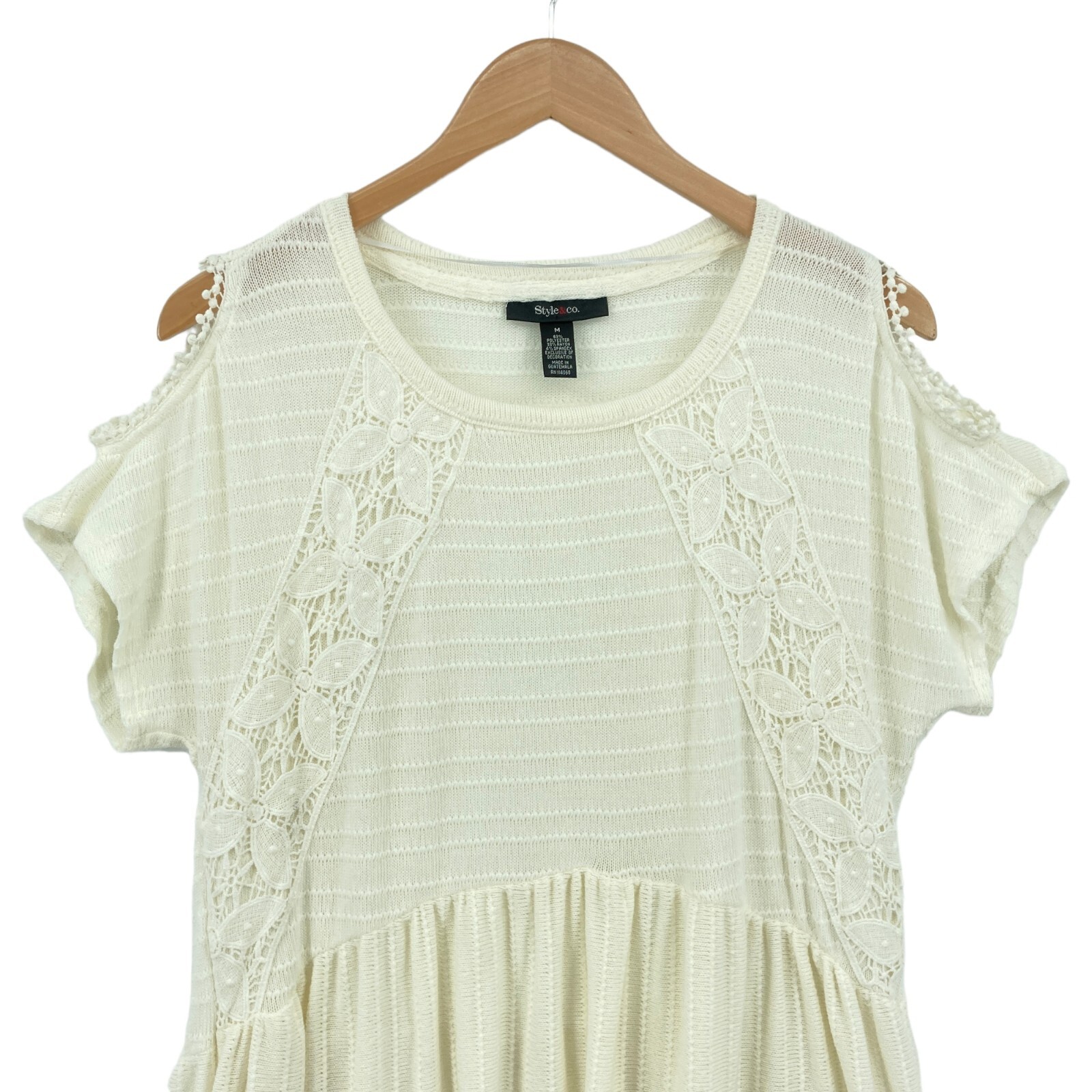 Style&co. Blouse Top Women Medium Cream Knit Short Cold Shoulder Sleeve Pullover