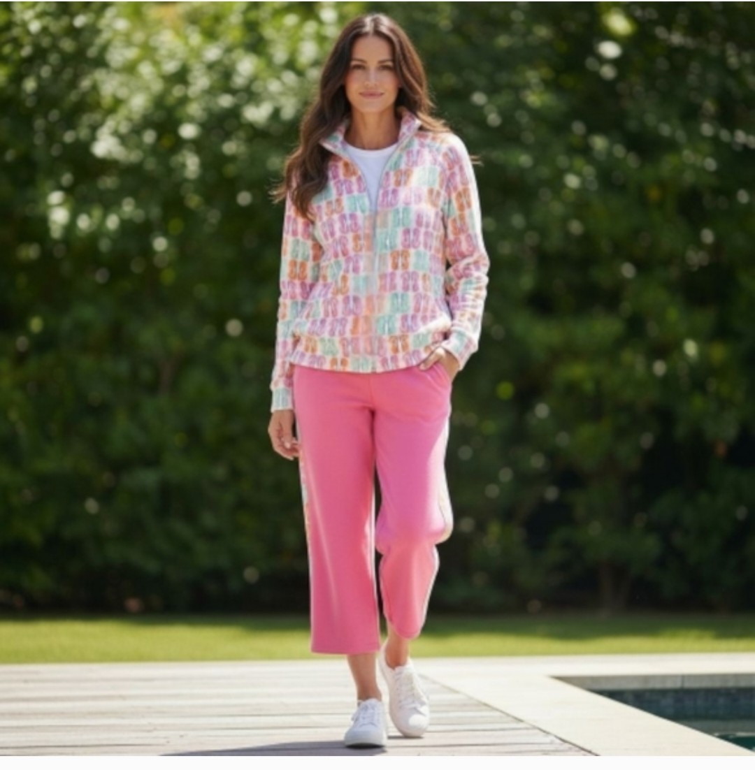 NWT Crown & Ivy 1/4 Zip Jogger Lounge Set Athleisure Flip Flop Print Size XS