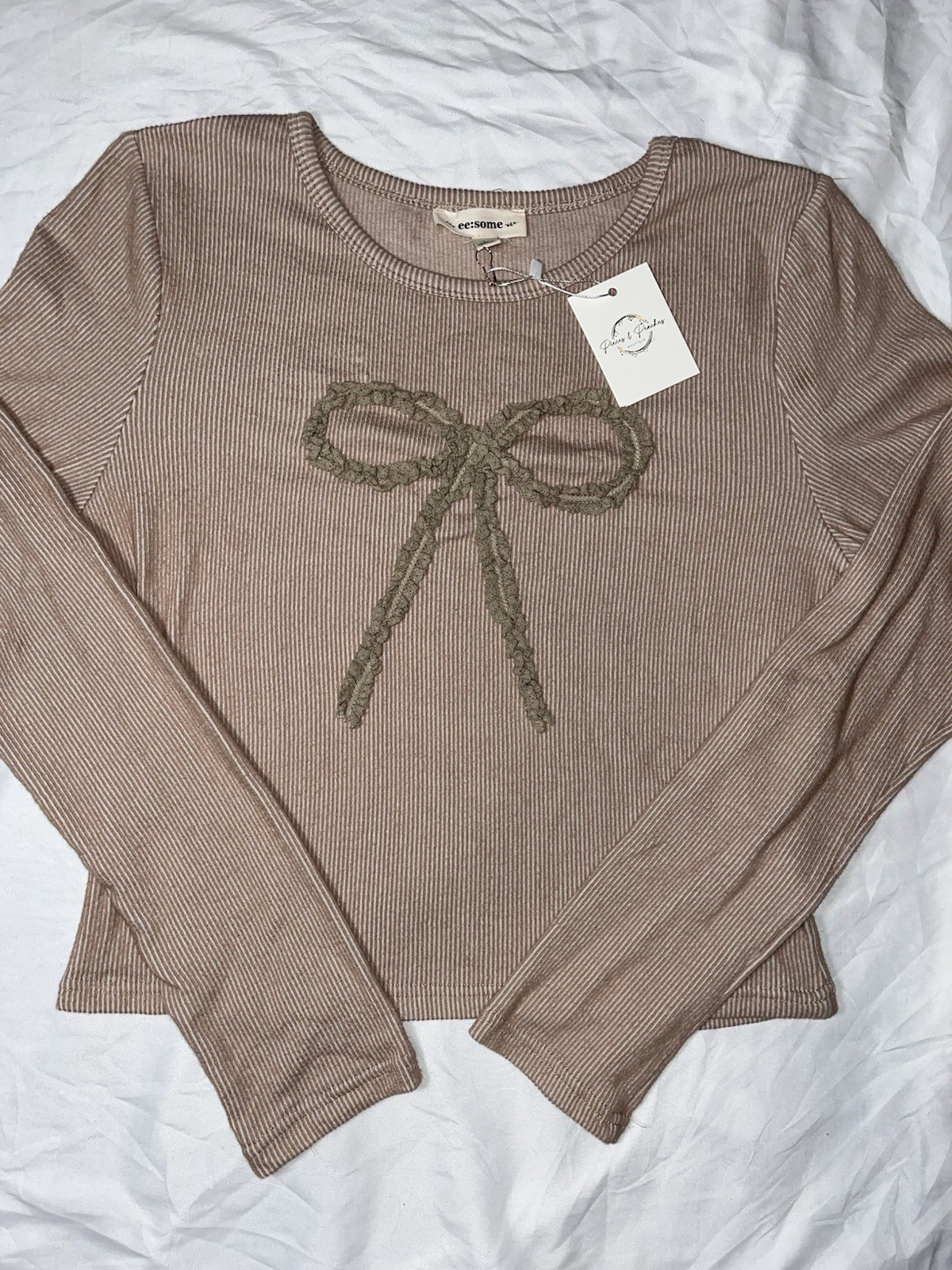 ee:some Women’s Taupe Ribbed Knit Lace Bow Long Sleeve Cropped Crew Neck L
