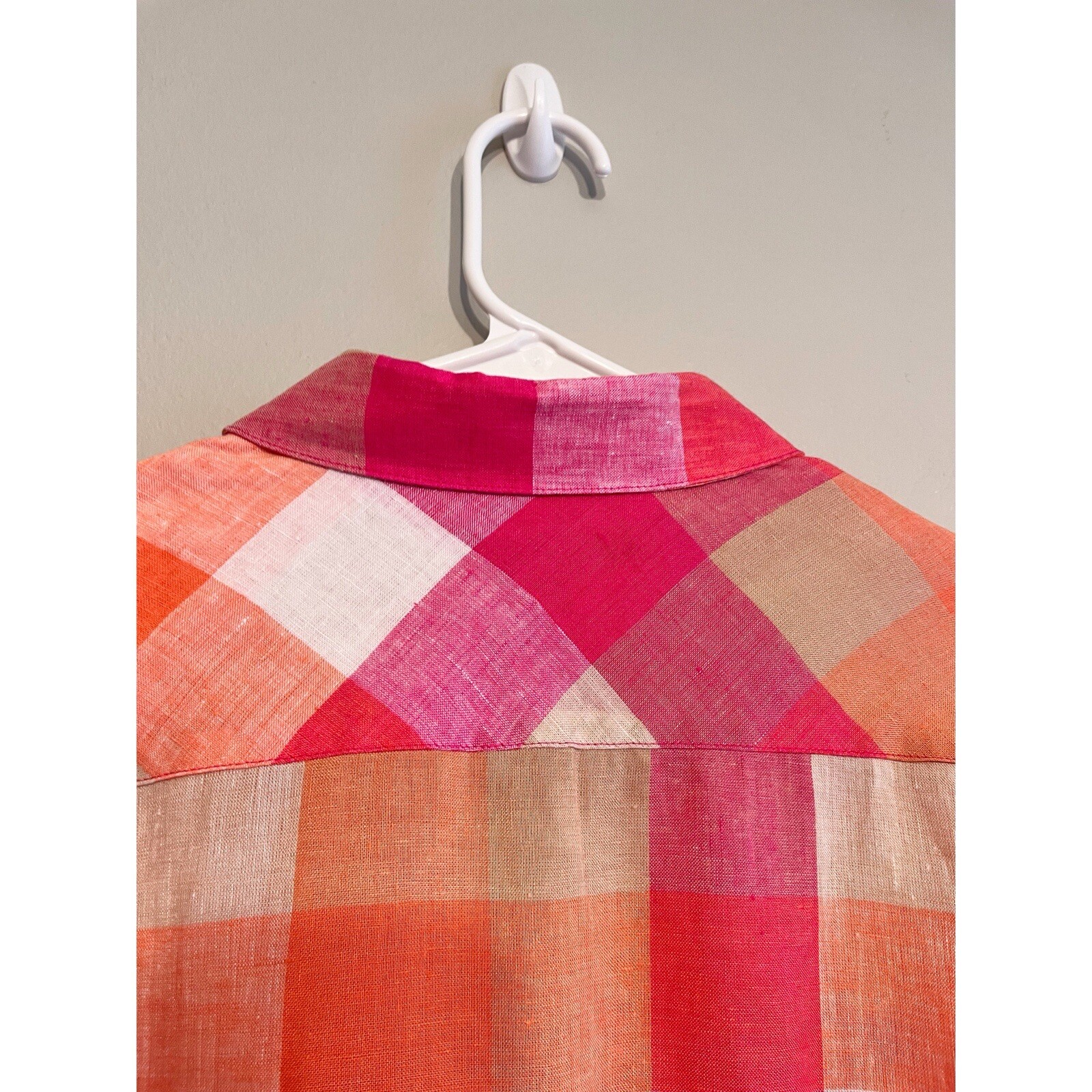 Foxcroft Easy Care Linen Tamara Check Top in Pink and Orange Petite 14