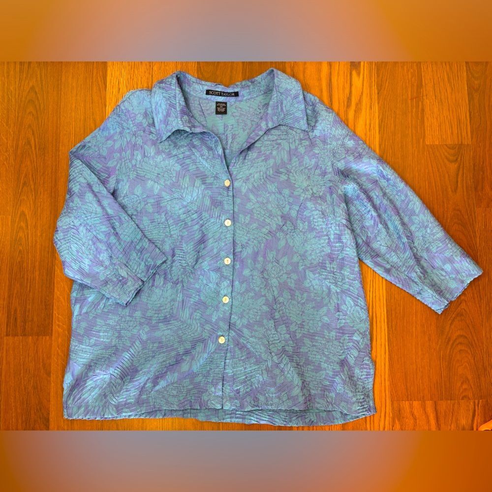 SCOTT TAYLOR Women’s 2X Button Up Crinkle Blue Green Lightweight 3/4 Long Sleeve