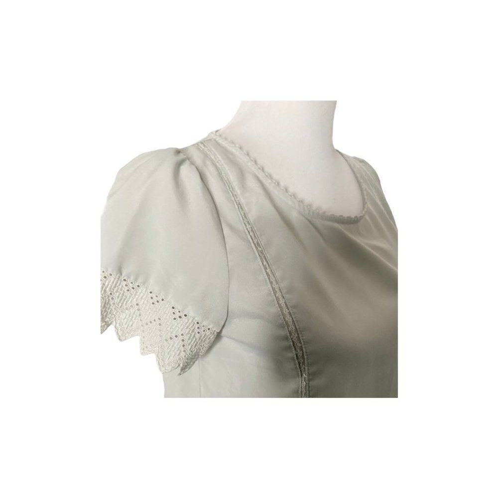 Cottagecore Coquette Eyelet Lace Satin Blouse Puff Sleeve Crochet Pleated S Grey