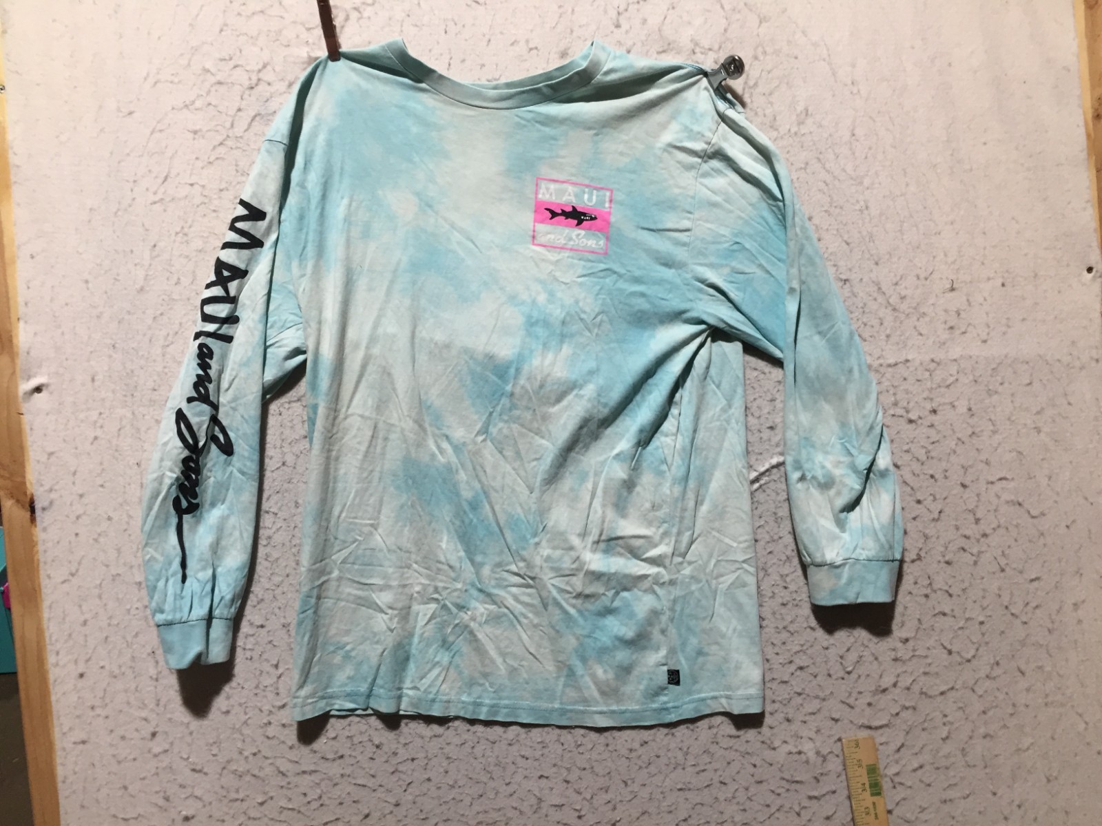 Maui and Sons T Shirt Womens L Large Blue White Long Sleeve Crew Neck Spell Out