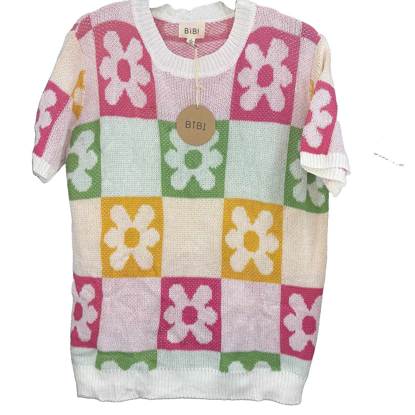 BiBi Sweater Top Womens L Retro Daisy Checkerboard Knit Short Sleeve NWT Boho