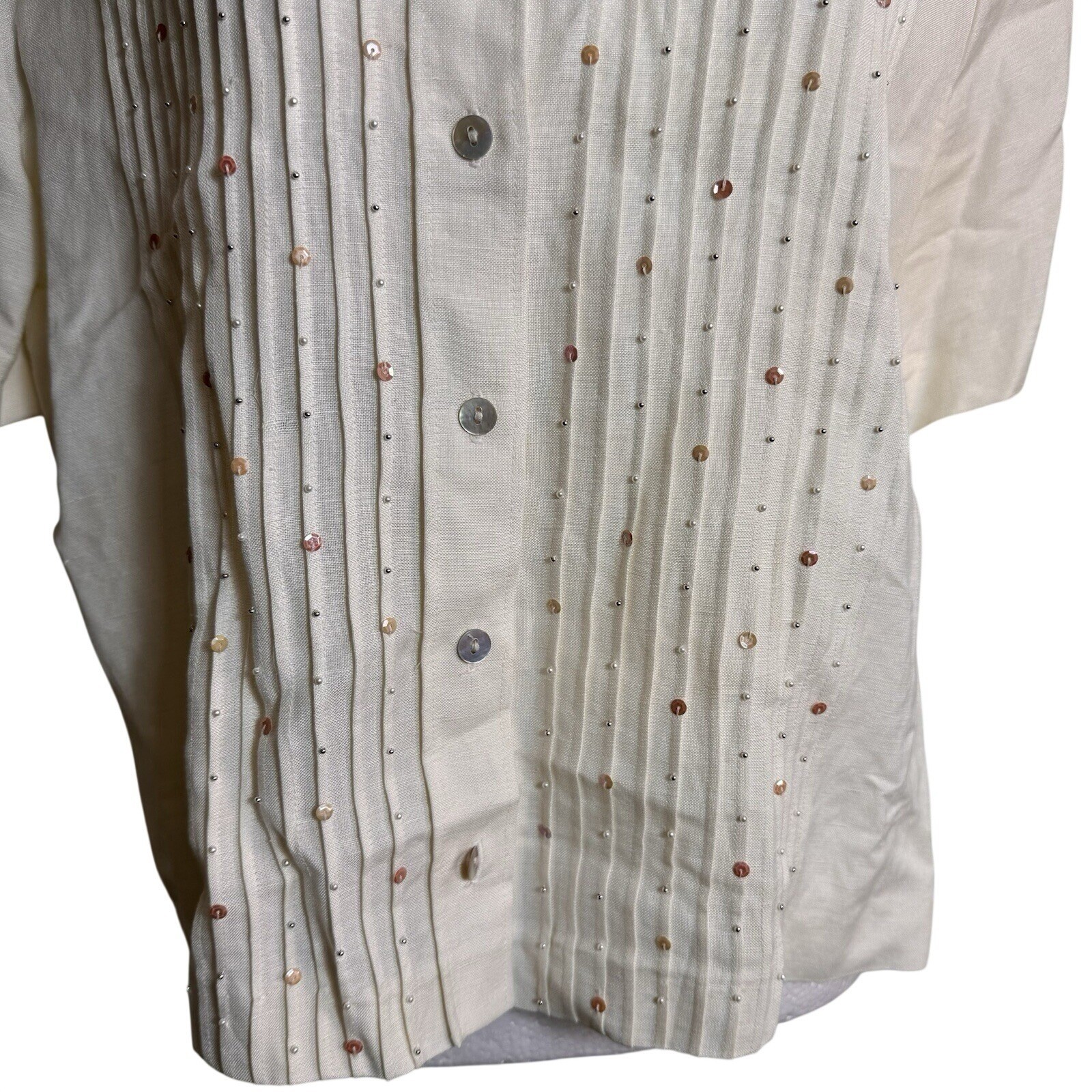 Vintage Positive Attitude Cream Linen Rayon Beaded Pleated Blouse Top Size 10