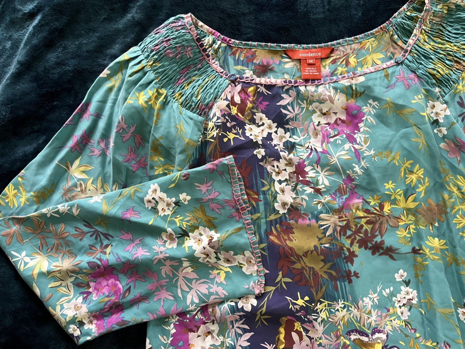 Sundance 100% Silk medium Blouse Teal Turquoise Floral Butterfly Boho Top