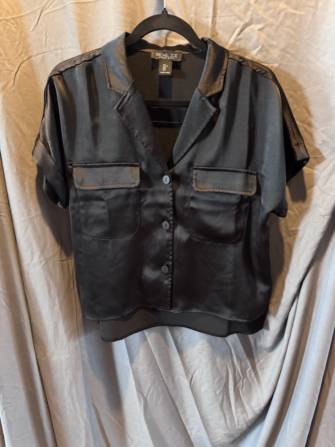Rachel Zoe Black Satin Button-Down Short Sleeve Shirt with Chest Pockets
