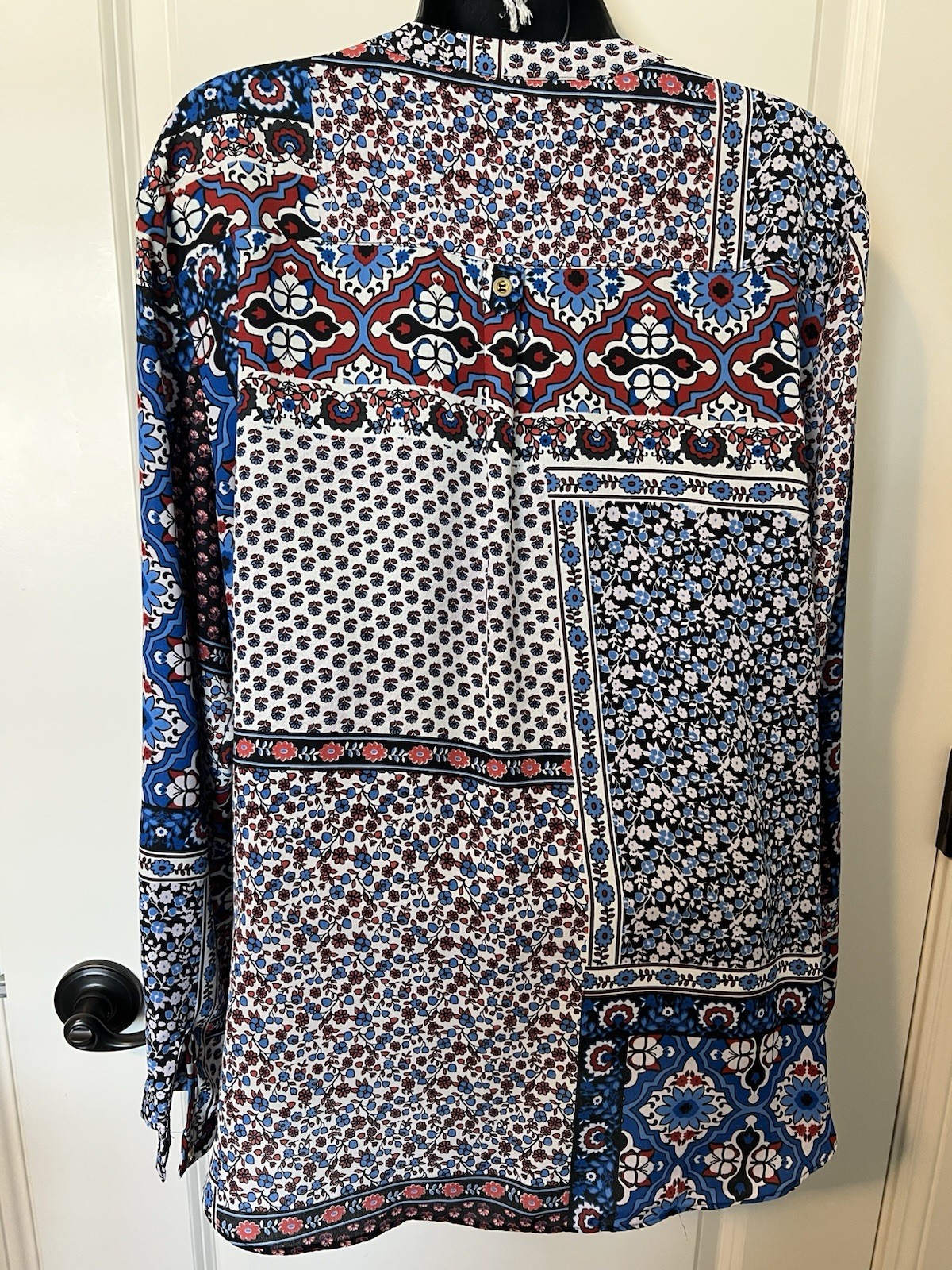 ZAC & RACHEL XL BLUE RED MIX PRINT BLOUSE SHIRT TOP LITE BOHO TAB COLLAR