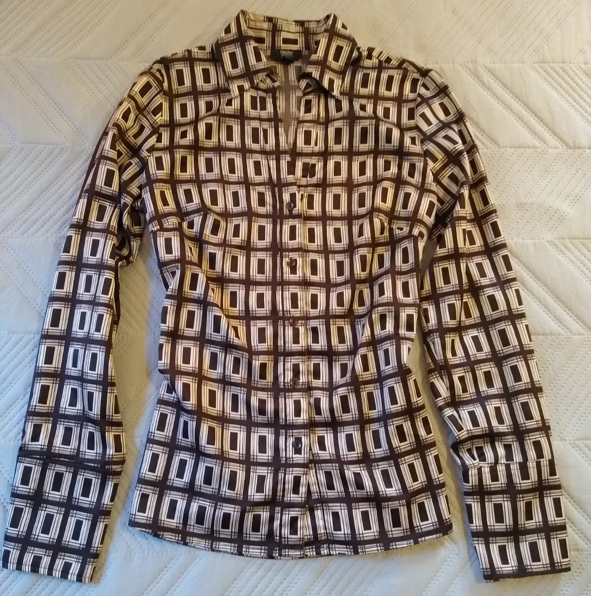 Vintage 90s Y2K Brown Ivory Button Down Shirt Long Sleeve Stretch Mossimo Size S