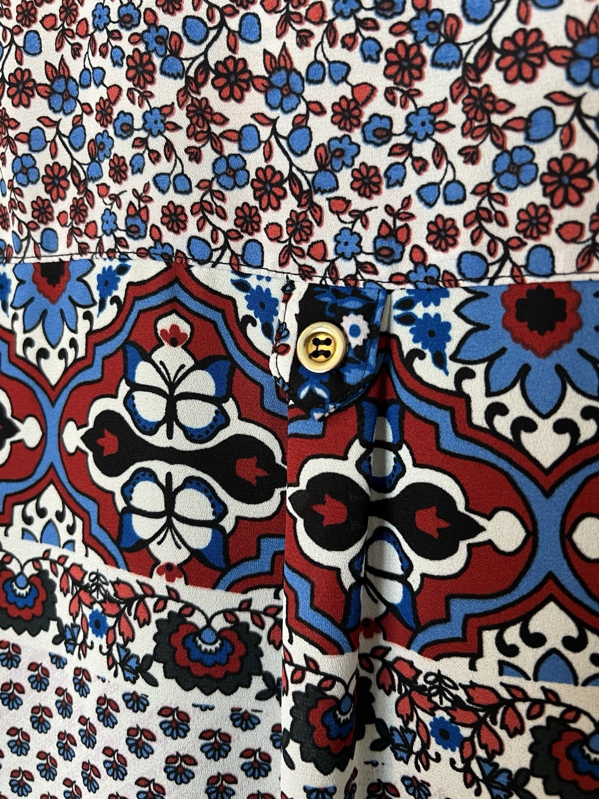 ZAC & RACHEL XL BLUE RED MIX PRINT BLOUSE SHIRT TOP LITE BOHO TAB COLLAR